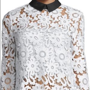 Self-Portrait Long-Sleeve Collared Lace Top, White/Black